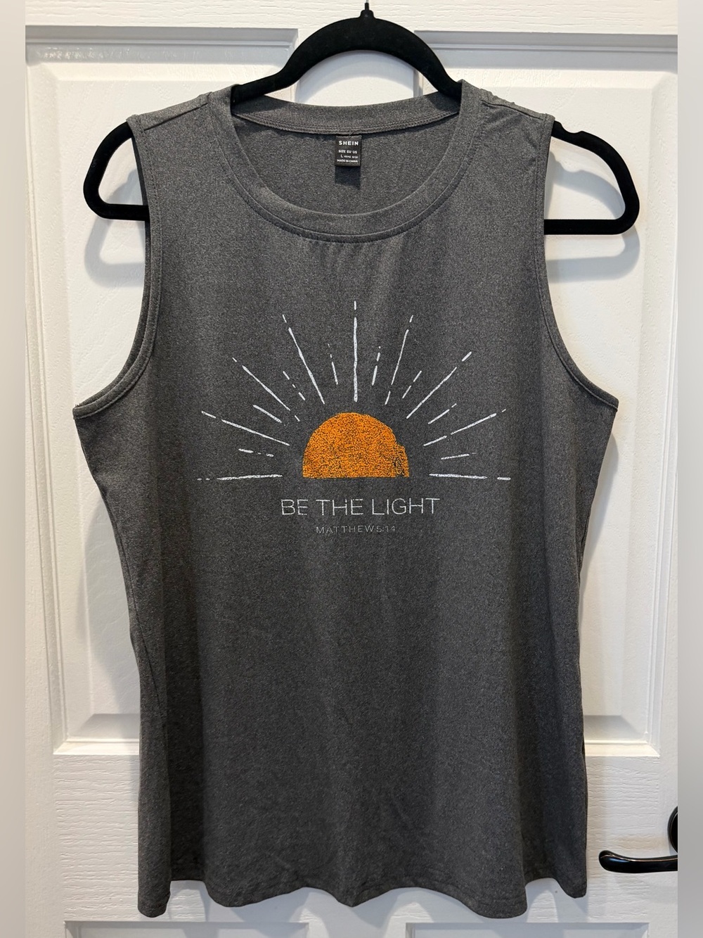 SHEIN Gray Tank Top w/Orange Sun Graphic “Be the Light” Bible Verse Matthew 5:14